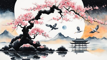 Serene Cherry Blossom Tree, Glowing Moon, and Birds Over Water in a Tranquil, Dreamlike Scene