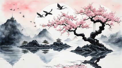 Serene Cherry Blossom Tree, Glowing Moon, and Birds Over Water in a Tranquil, Dreamlike Scene