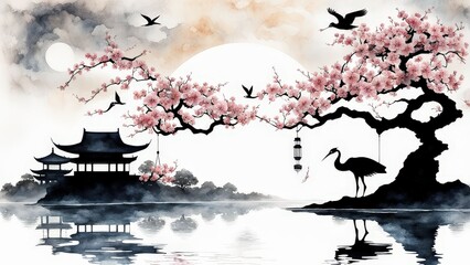 Serene Cherry Blossom Tree, Glowing Moon, and Birds Over Water in a Tranquil, Dreamlike Scene