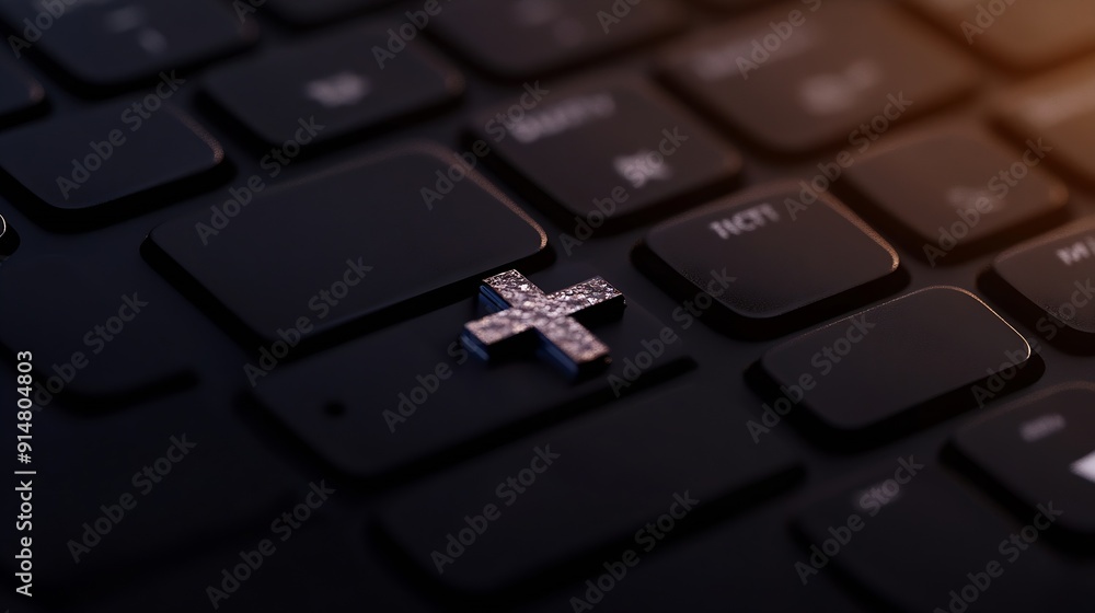 Wall mural keyboard of a computer with a cross on it conceptual photography : generative ai
