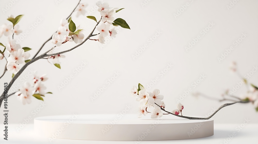 Aufkleber geometric empty podium platform stand for product presentation and spring flowering tree branch with