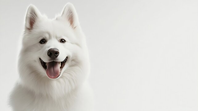 Samoyed dog panting and looking at the camera isolated on white : Generative AI