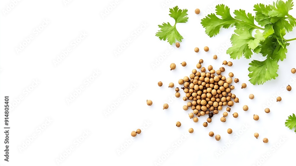 Poster dried coriander seeds with fresh green leaf isolated on white background top view flat lay : generat