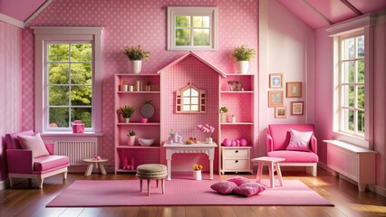 Pink-themed girly interior setup in a dollhouse , pink, girly, interior design, doll house, decorations, home decor, feminine, cute