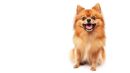 Obraz premium Red Pomeranian dog panting and sitting in front isolated on white : Generative AI