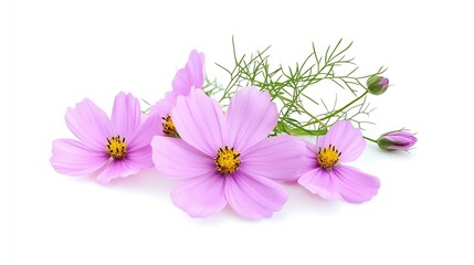 Obraz premium Cosmea flowers and a cosmea bud lie arranged on a white background 3d view : Generative AI
