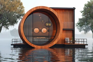 Circular wooden houseboat with innovative architecture and an intimate connection to the water environment