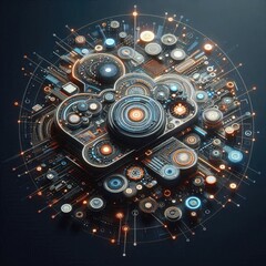 Creative digital tech circle on dark backdrop. Big data and technology concept. 3D Rendering. AI generated