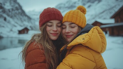 Fototapeta premium Friends Embracing On A Mountain