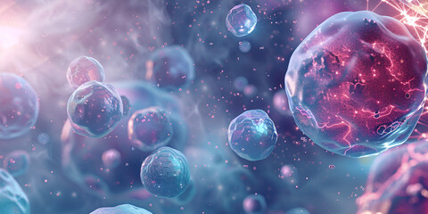 Obraz premium Conceptual Visualization of Cellular Activity in a Biotechnological Environment with Advanced Molecular Structures, cell division of skin cells, stem cell, nuclear fission, star, galaxy generation