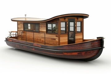 Fototapeta premium Sleek wooden houseboat with stylish interiors and eco friendly features cruising serenely on calm waters