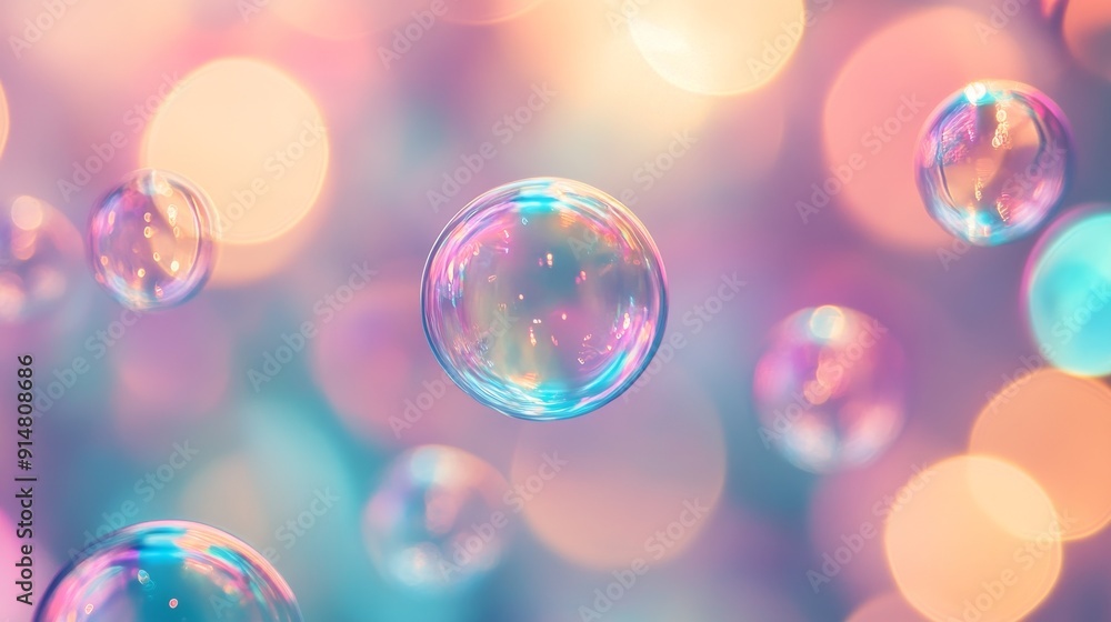 Poster close-up of floating soap bubbles with