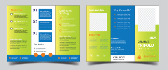 Tri fold Business Brochure Template Layout. Corporate Design Leaflet with Replaceable Image Shape. colorful Template triple folding brochure printing