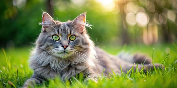 A fluffy gray cat lying peacefully in the lush green grass, cat, grass, nature, outdoor, peaceful, relaxation, pet, feline, adorable