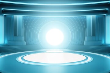 Naklejka premium Futuristic blue room with glowing portal and circular platform.