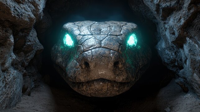 Glowing eyes of a giant snake in a dark cave