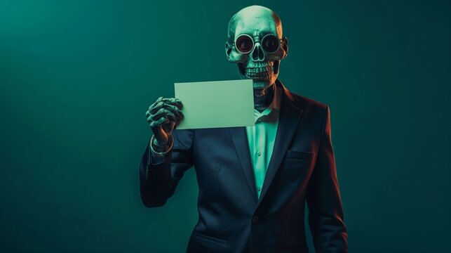Mr. zombie in decent suit holding blank empty invitation card isolated on scary dark green background, Halloween event costume party invitation poster card background.