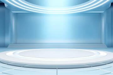Obraz premium Futuristic blue room with round platform and glowing ceiling lights.