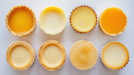 Assorted mini cheesecakes on a soft gray background. Each cheesecake features different toppings decorations, such as strawberries, chocolate, rainbow sprinkles, on variety colorful presentation.