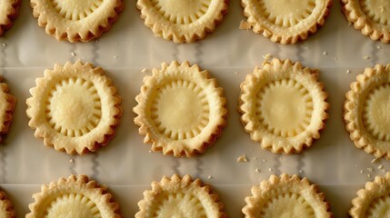 Rows freshly baked, golden-brown tart shells lined up on marble surface, each tart shell has perfectly formed, crimped edge, ready be filled with delicious fillings, craftsmanship, bakery product.