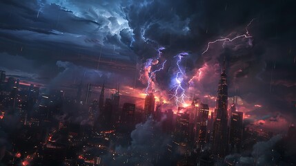 Fototapeta premium Cityscape Under a Dramatic Thunderstorm