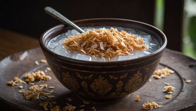 Cincau ice with brown sugar and coconut milk, served in a traditional bowl