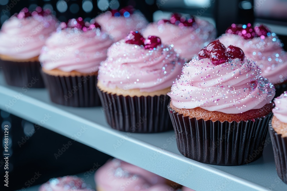 Poster delectable pink and red cupcakes with sprinkles and cherries