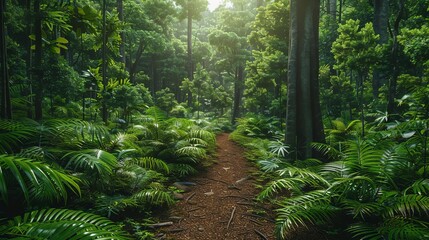 Morning hike through lush green forest, lush forest, adventure