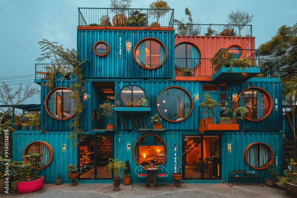 Poster whimsical and colorful container home with playful circular windows reflecting a fun imaginative and