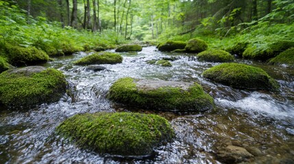 Obraz premium Serene forest stream with moss-covered rocks
