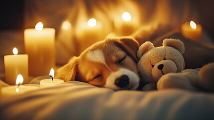 Cute puppy sleeping with teddy bear toy on bed