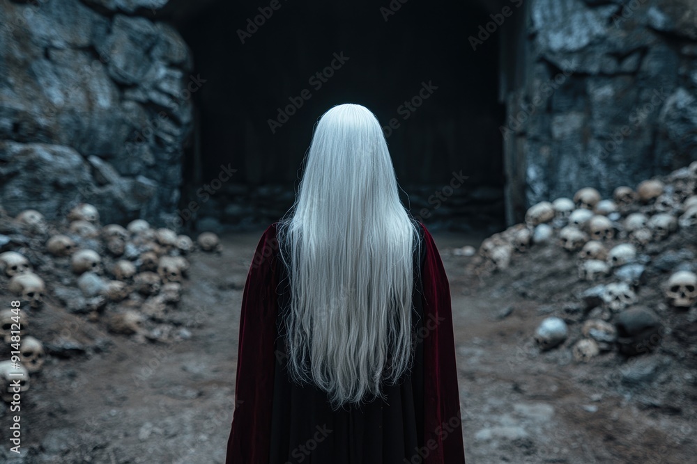 Sticker mysterious figure in dark cloak with long white hair