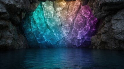 Stunning crystal cave with glowing amethyst and turquoise formations