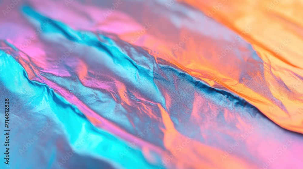 Poster close view of holographic foil textures displaying vibrant colors and intricate patterns reflecting 