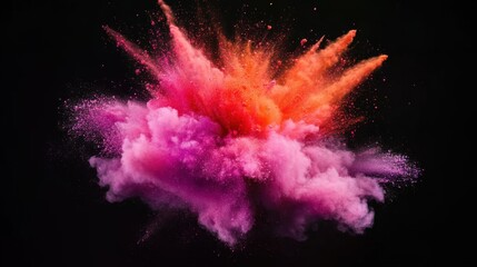 A vivid explosion of red and purple powders bursts dramatically, creating a captivating spectacle against a dark backdrop