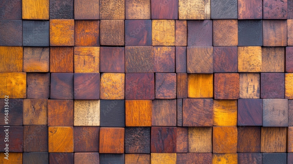 Poster a visually appealing background formed by assembling wooden blocks of different colors and textures