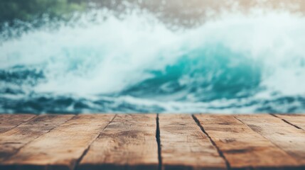 A rustic wooden table stands against vibrant turquoise ocean waves crashing softly