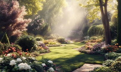 Sunlit Garden Path with Blooming Flowers