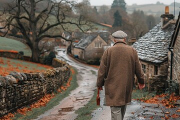 Fototapeta premium Elderly man in coat and flat cap walking down wet, winding village road. Traditional stone houses and barren trees line road, creating nostalgic, rustic conveys solitude, rural life, timelessness.