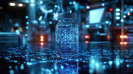 A futuristic digital bottle of health on an abstract background with glowing data points and circuit patterns