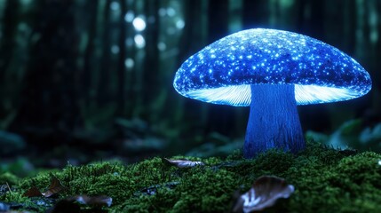 Fototapeta premium Glowing blue mushroom in a dark forest