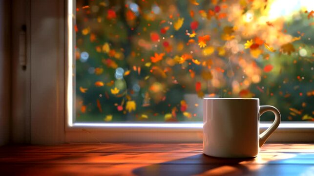 A mug of herbal tea in front of the window with autumn leaves. Looping 4k video animation background