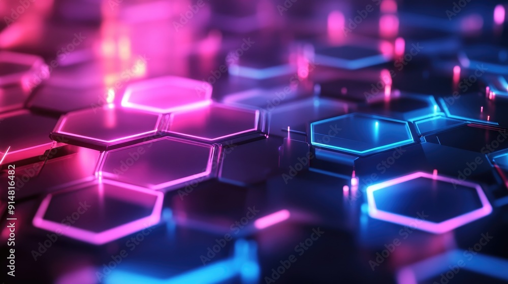 Poster futuristic 3d abstract background with neon hexagons and light effects, high-tech visual art