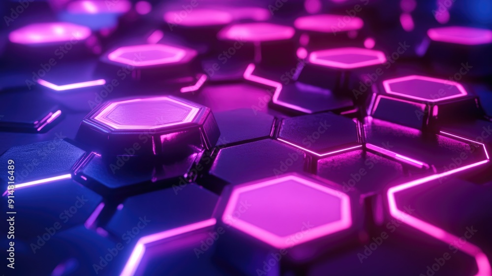 Poster futuristic 3d abstract background with neon hexagons and light effects, high-tech visual art
