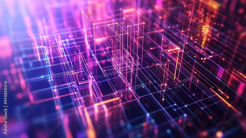Poster futuristic 3d background with digital grids and neon lights, high-tech and colorful visual art