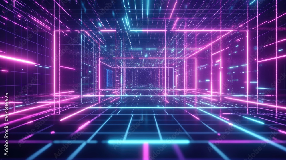 Poster futuristic 3d background with digital grids and neon lights, high-tech and colorful visual art