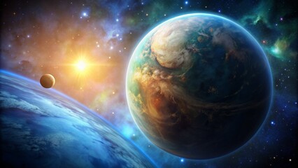 Obraz premium A Cosmic Dance A Digital Painting of Earth, Moon, and Stars in a Nebula - Space, Galaxy, Astronomy, Fantasy, Sci-Fi