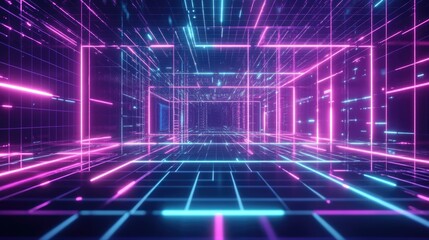 Futuristic 3D background with digital grids and neon lights, high-tech and colorful visual art