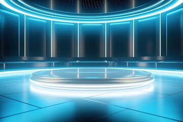 Futuristic blue stage with glowing platform.