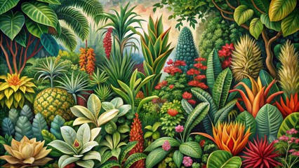 A Tapestry of Lush Greenery Oil Painting Depicting a Vibrant Jungle Scene
